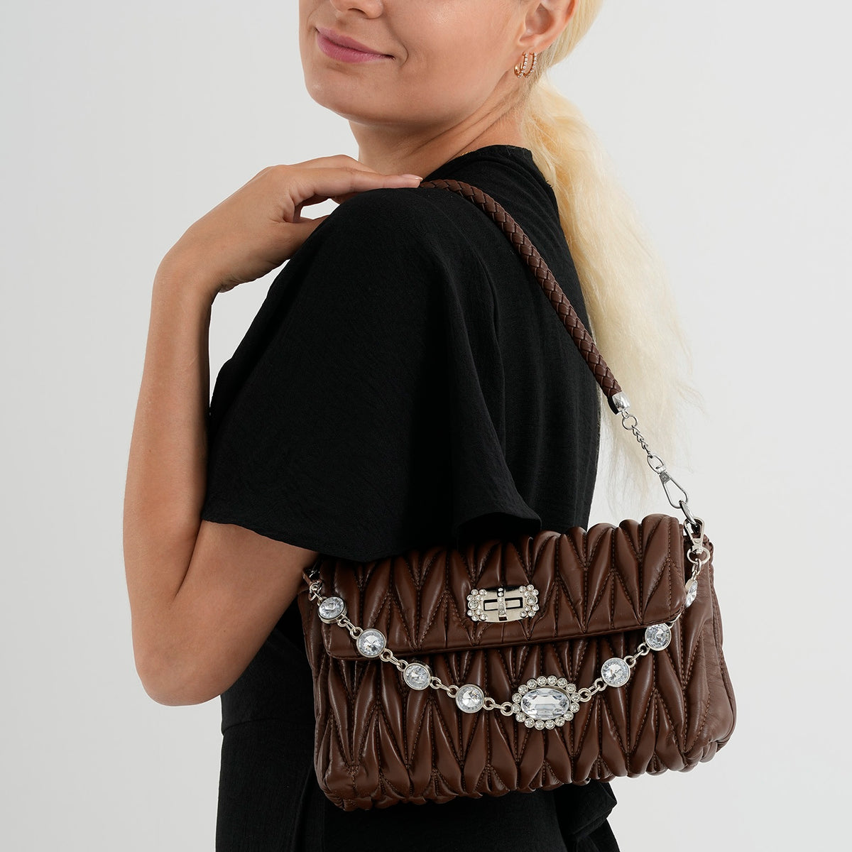 Women's Ruched-Gathered Texture Shoulder Bag with Chain Detail - Dark Brown V32669482 3