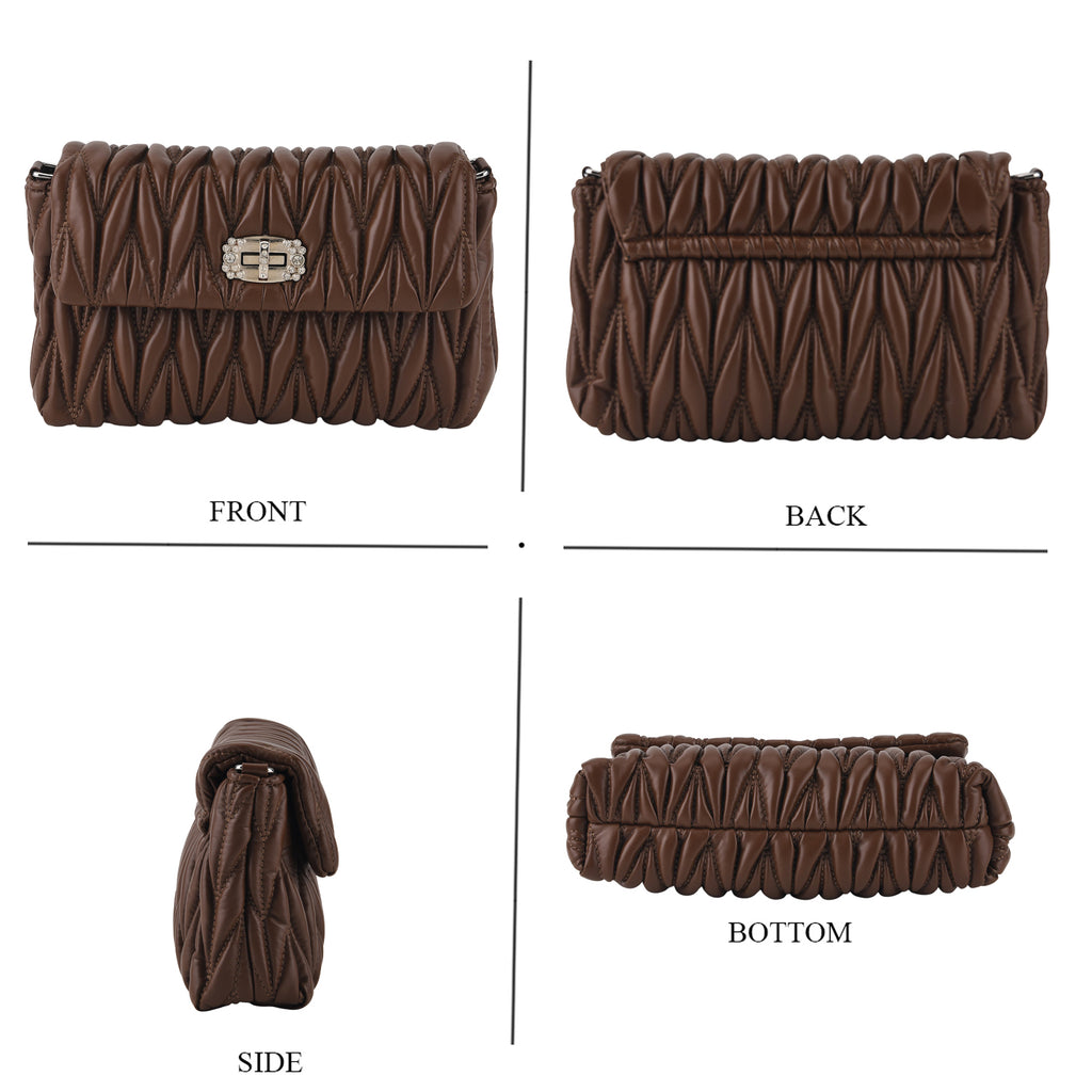 Women's Ruched-Gathered Texture Shoulder Bag with Chain Detail - Dark Brown_8535727_3