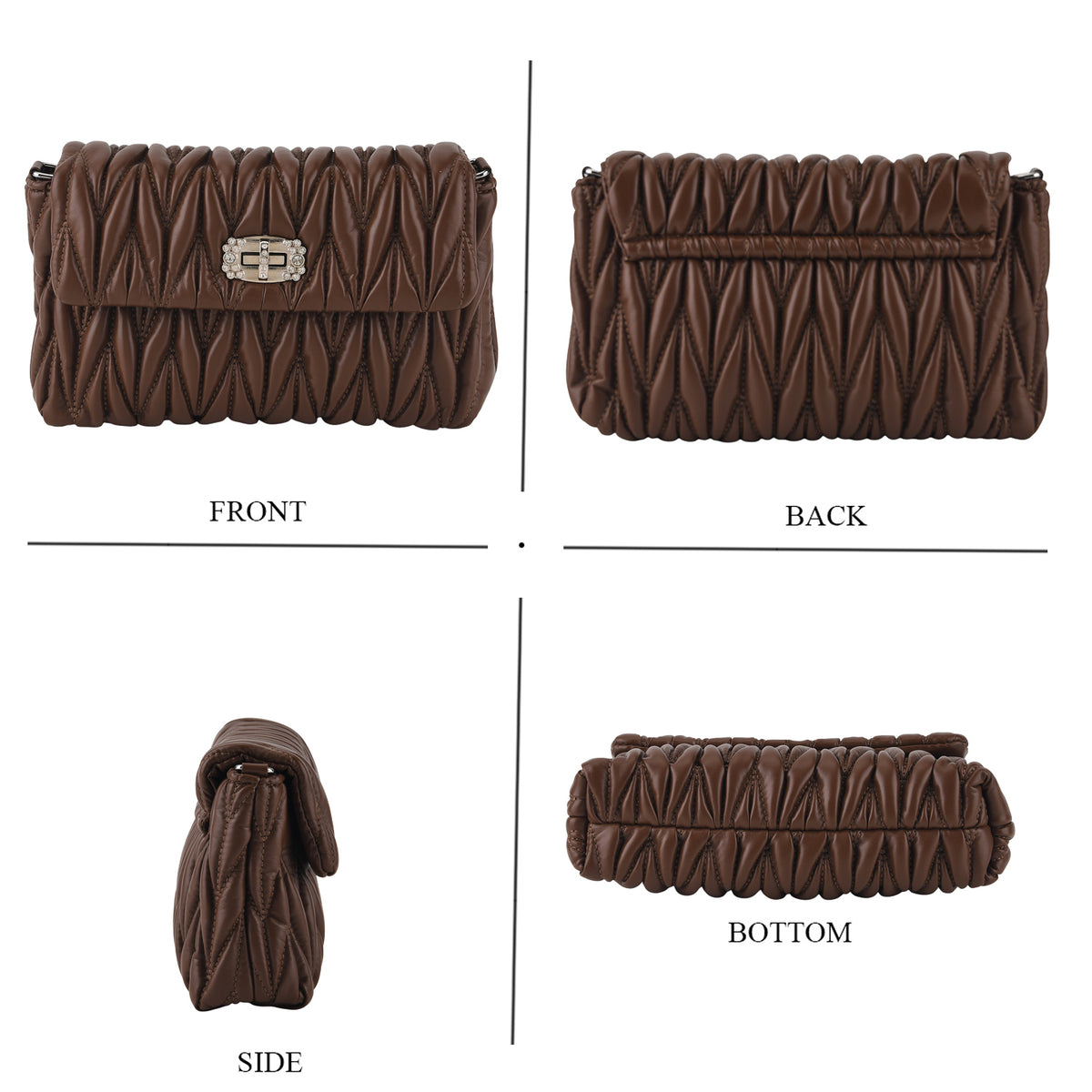 Women's Ruched-Gathered Texture Shoulder Bag with Chain Detail - Dark Brown V32669482 4