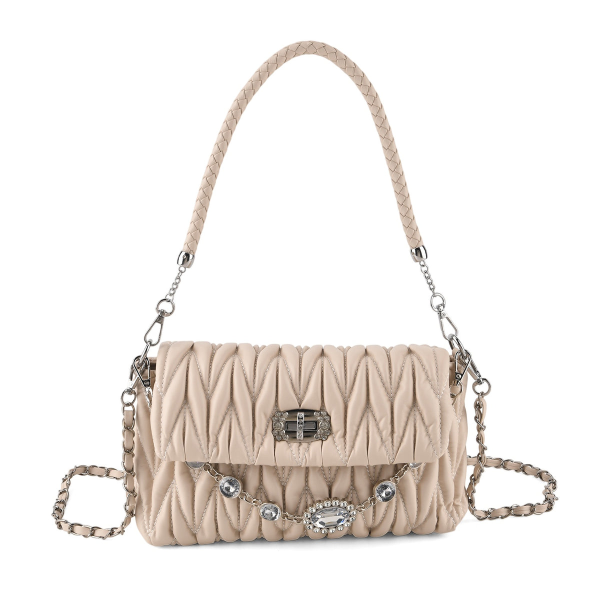 Women's Ruched-Gathered Texture Shoulder Bag with Chain Detail - Off White V32669046 0