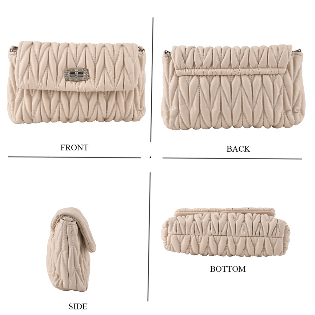 Women's Ruched-Gathered Texture Shoulder Bag with Chain Detail - Off White_8535728_3