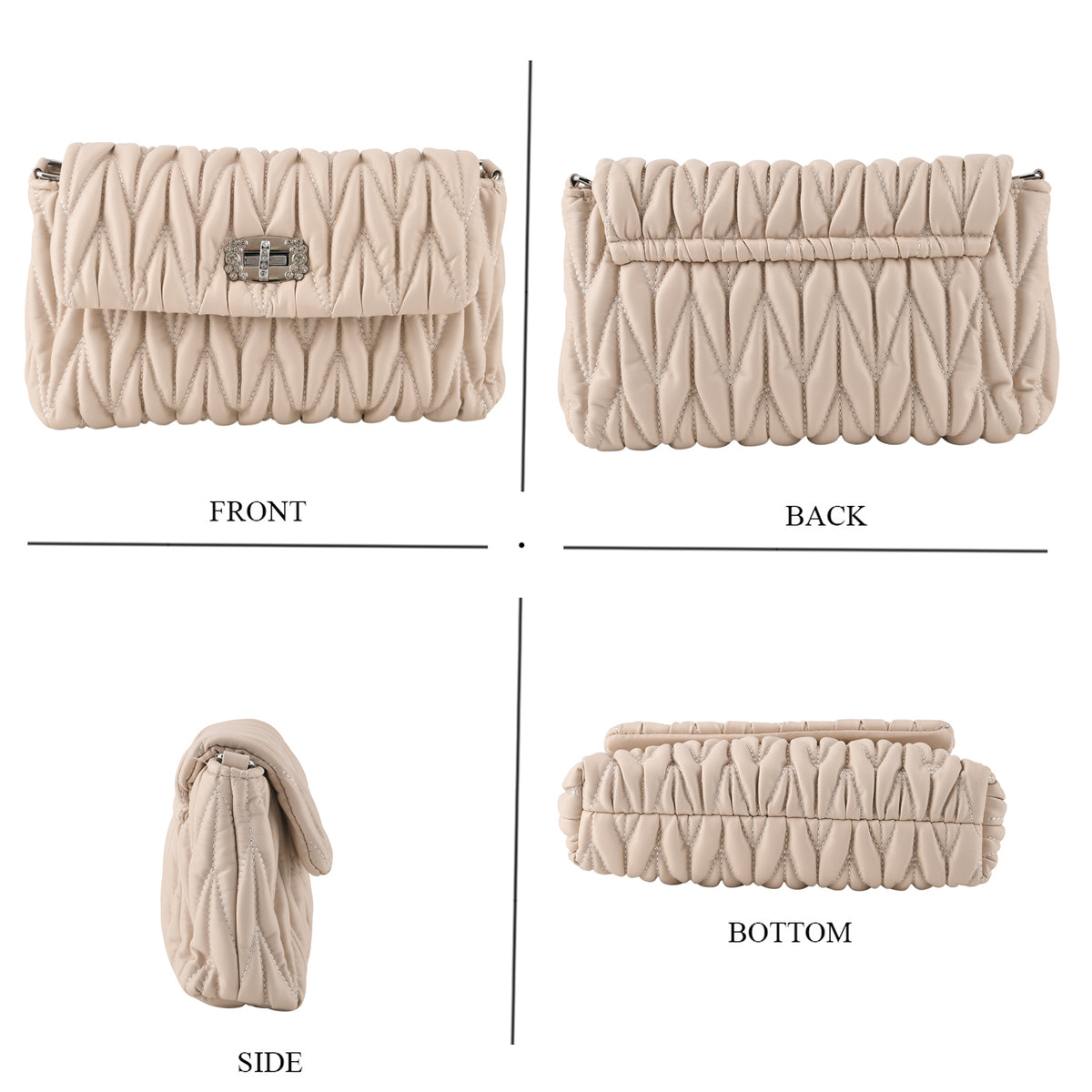 Women's Ruched-Gathered Texture Shoulder Bag with Chain Detail - Off White V32669046 4