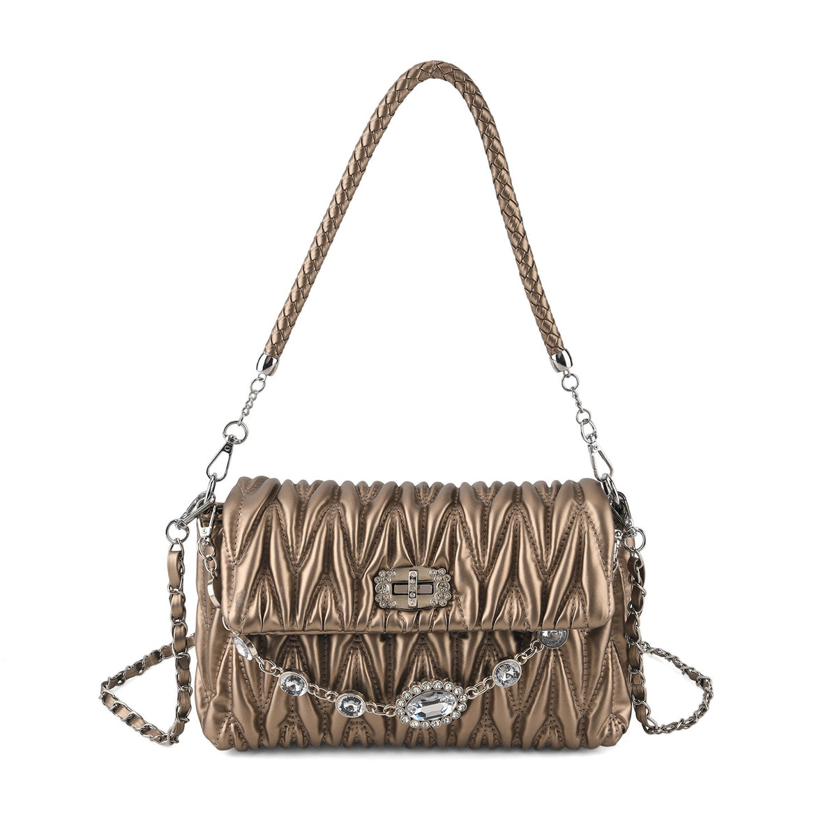Women's Ruched-Gathered Texture Shoulder Bag with Chain Detail - Metallic Bronze V32669567 0