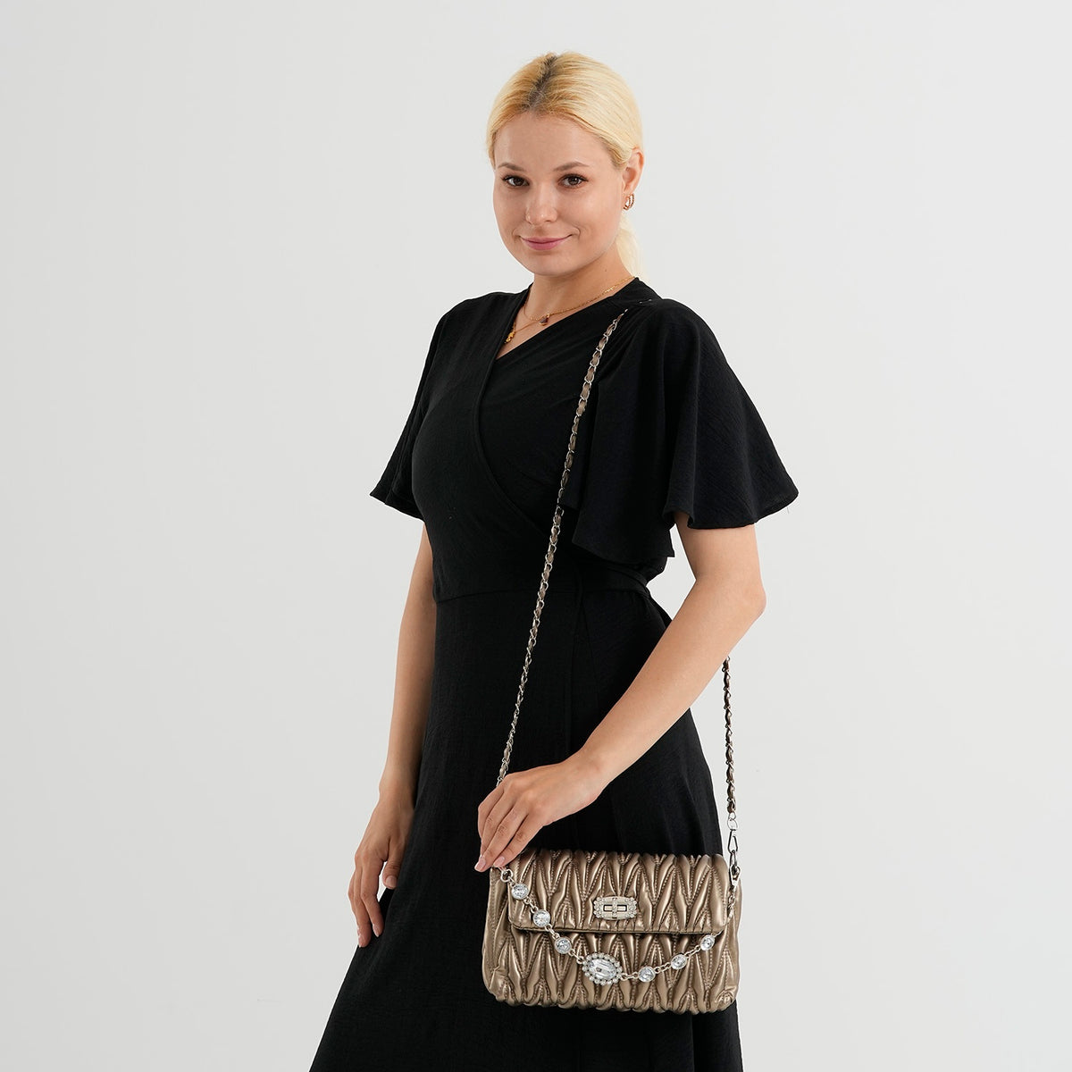 Women's Ruched-Gathered Texture Shoulder Bag with Chain Detail - Metallic Bronze V32669567 2