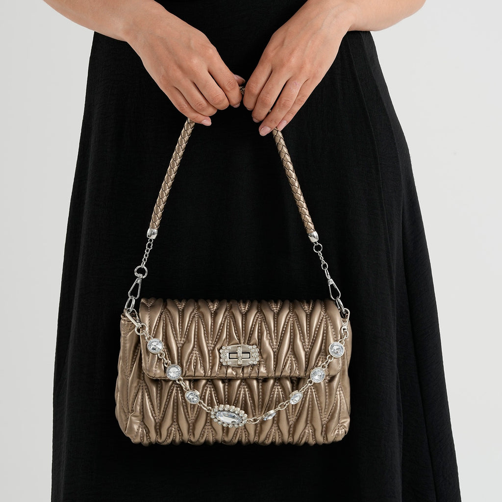 Women's Ruched-Gathered Texture Shoulder Bag with Chain Detail - Metalic Bronze_8535730_2