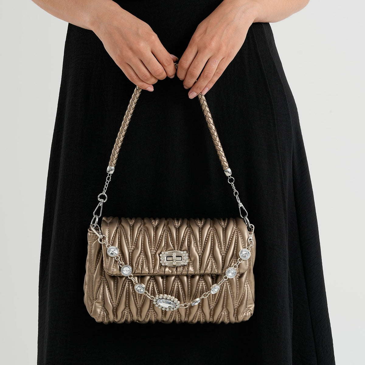 Women's Ruched-Gathered Texture Shoulder Bag with Chain Detail - Metallic Bronze V32669567 3