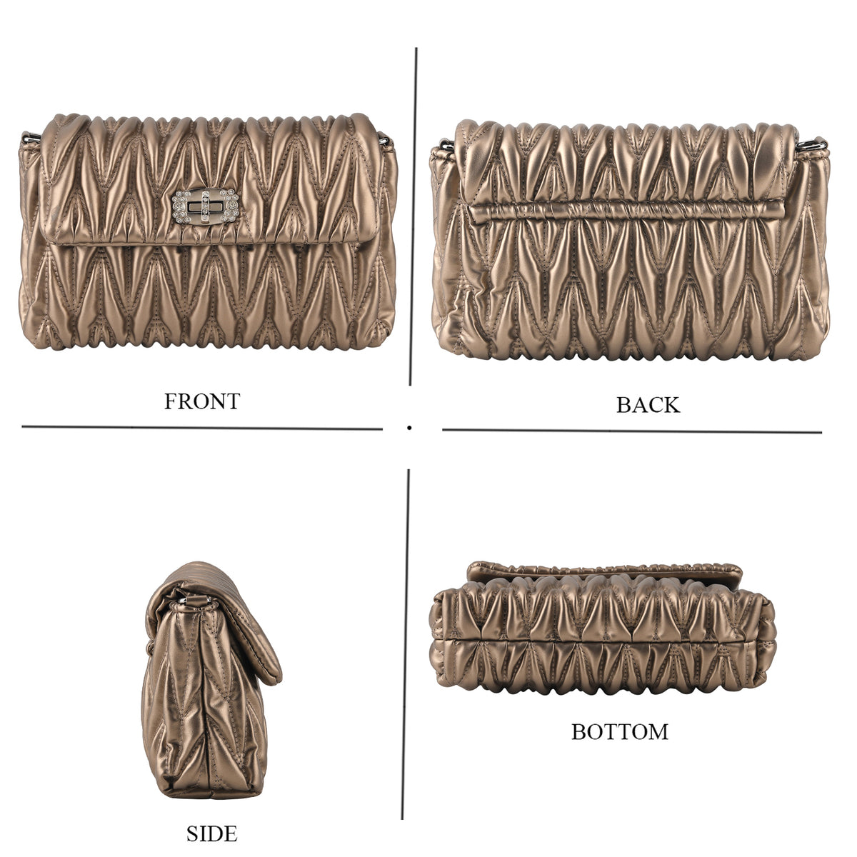 Women's Ruched-Gathered Texture Shoulder Bag with Chain Detail - Metallic Bronze V32669567 4