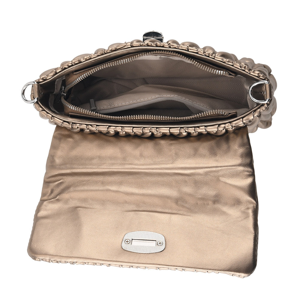 Women's Ruched-Gathered Texture Shoulder Bag with Chain Detail - Metalic Bronze_8535730_4