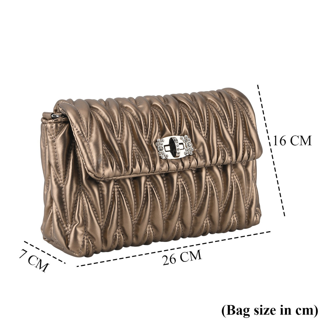Women's Ruched-Gathered Texture Shoulder Bag with Chain Detail - Metalic Bronze_8535730_6