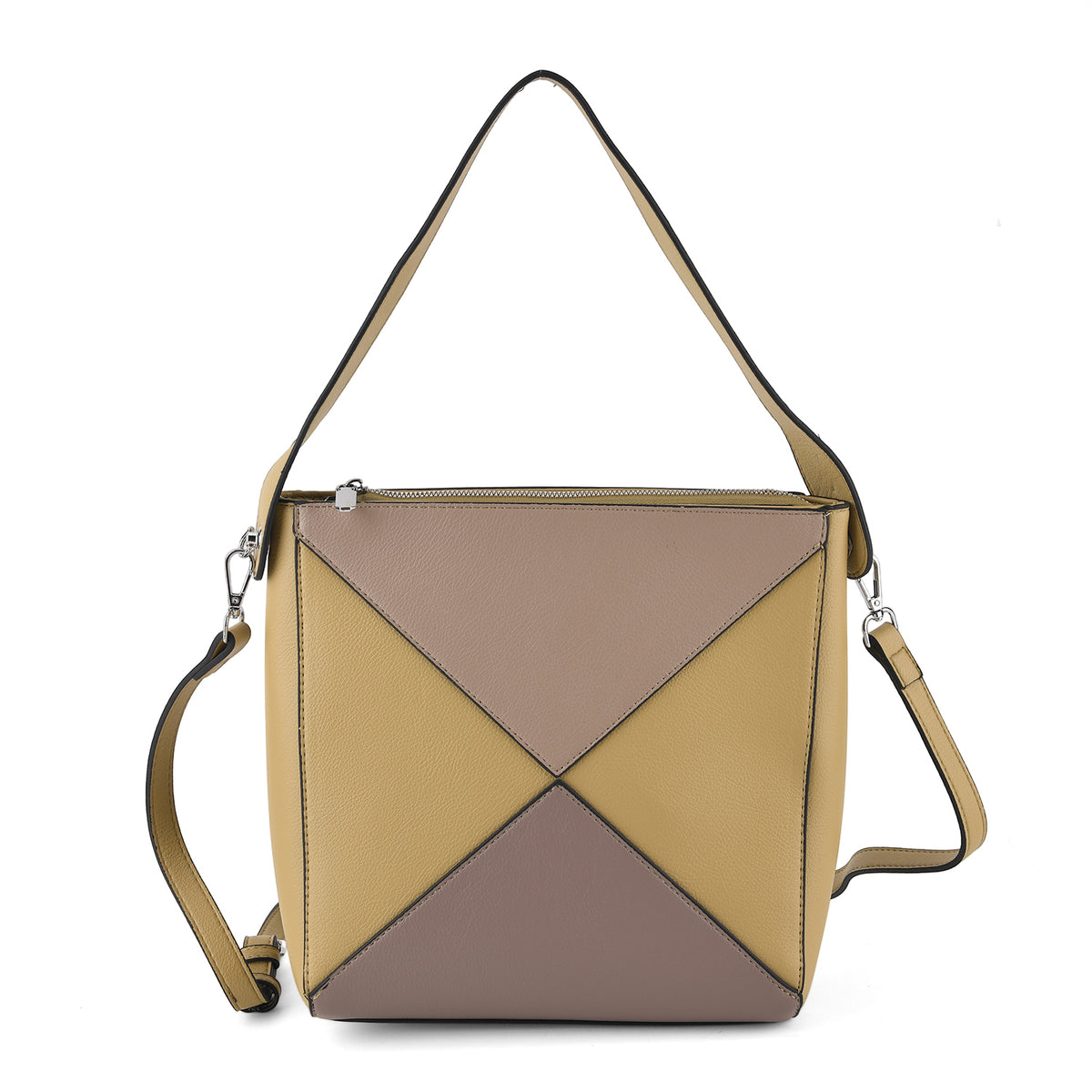 Geometric Colour-Block Tote Shoulder Bag with Crossbody Strap - Flax &amp; Khaki V32604727 0