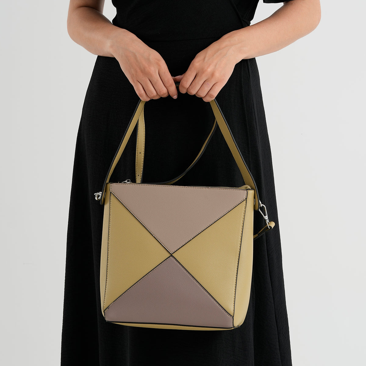 Geometric Colour-Block Tote Shoulder Bag with Crossbody Strap - Flax &amp; Khaki V32604727 3