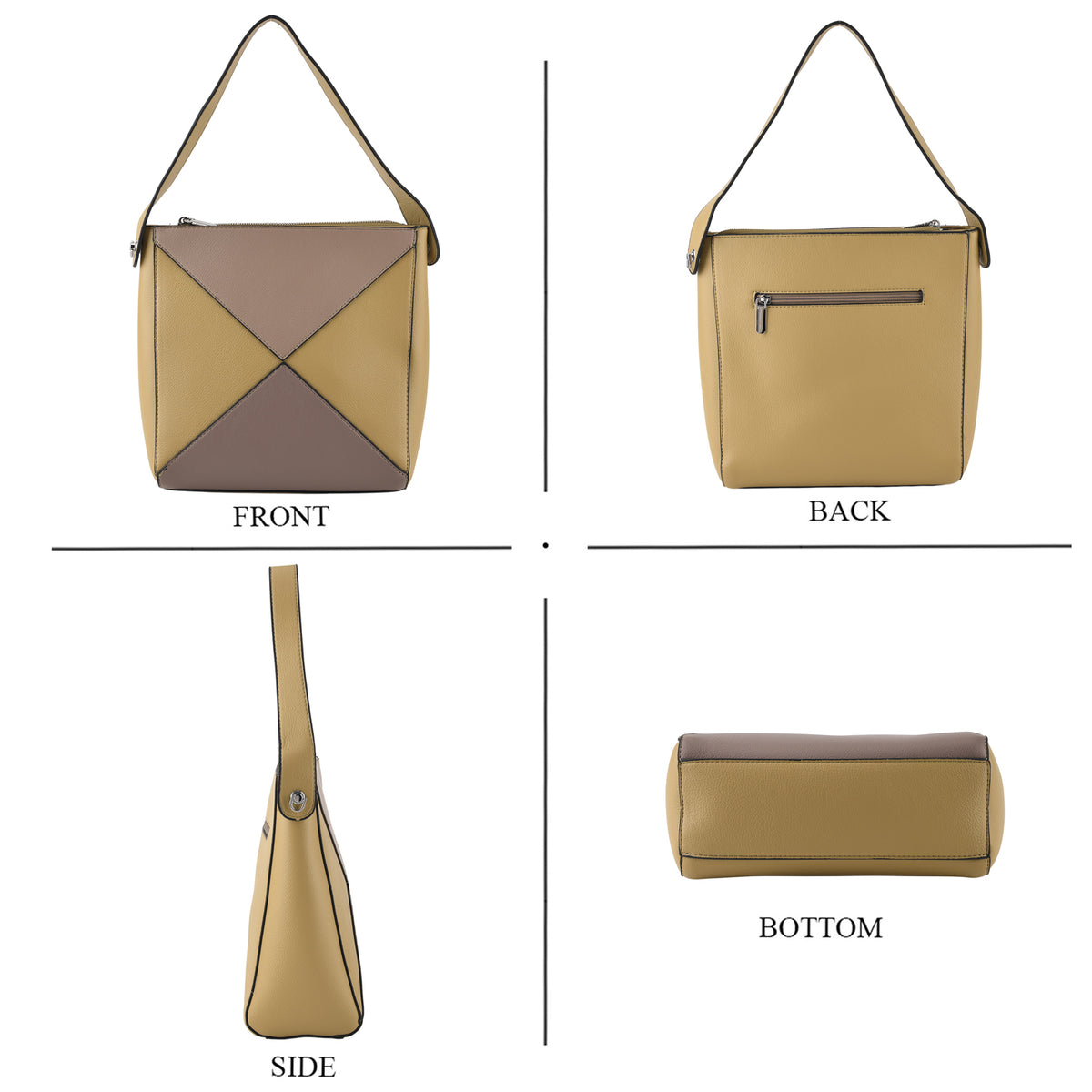 Geometric Colour-Block Tote Shoulder Bag with Crossbody Strap - Flax &amp; Khaki V32604727 4