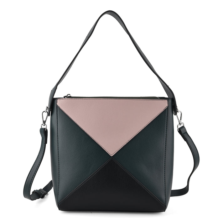 Geometric Colour-Block Tote Shoulder Bag with Crossbody Strap - Dark Green &amp; Baby Pink 8535738 1