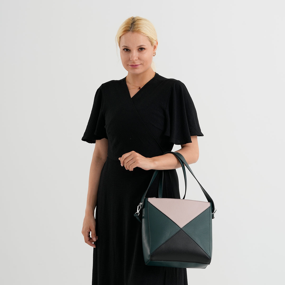 Geometric Colour-Block Tote Shoulder Bag with Crossbody Strap - Dark Green &amp; Baby Pink 8535738 2