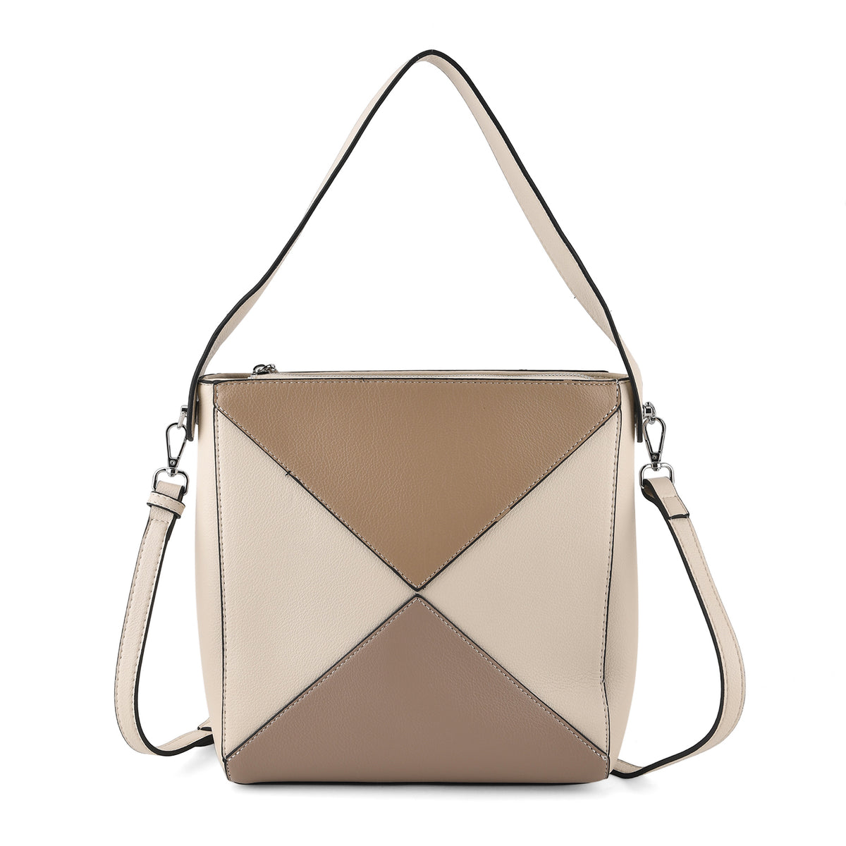 Geometric Colour-Block Tote Shoulder Bag with Crossbody Strap - Off White &amp; Khaki V32605595 0