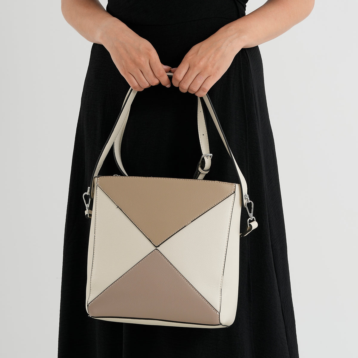 Geometric Colour-Block Tote Shoulder Bag with Crossbody Strap - Off White &amp; Khaki V32605595 3