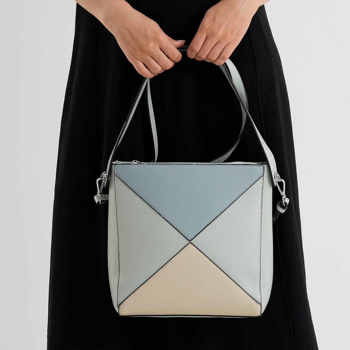 Geometric Colour-Block Tote Shoulder Bag with Crossbody Strap - Dusty Blue Off White &amp; Flax V32641888 3