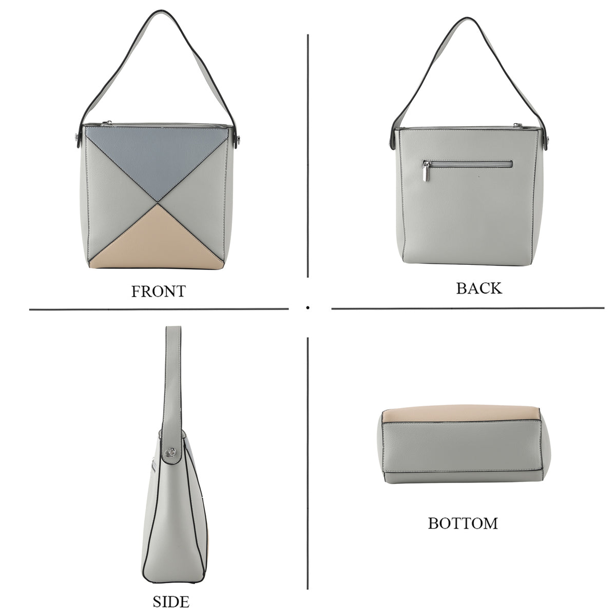 Geometric Colour-Block Tote Shoulder Bag with Crossbody Strap - Dusty Blue Off White &amp; Flax V32641888 4