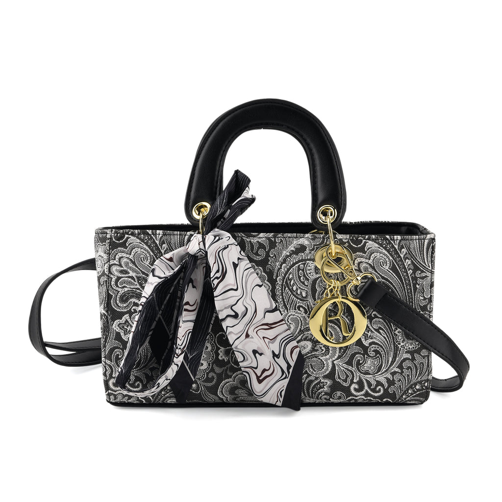 Designer Inspired- Ladies Paisley Pattern Handle Tote Bag with Scarf Accent - Black & White_8535764