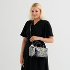 Designer Inspired- Ladies Paisley Pattern Handle Tote Bag with Scarf Accent - Black & White_8535764_2