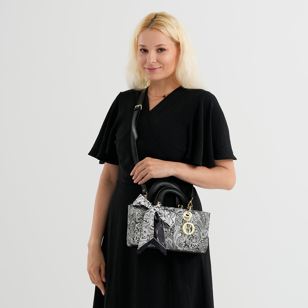 Designer Inspired- Ladies Paisley Pattern Handle Tote Bag with Scarf Accent - Black &amp; White 8535764 2