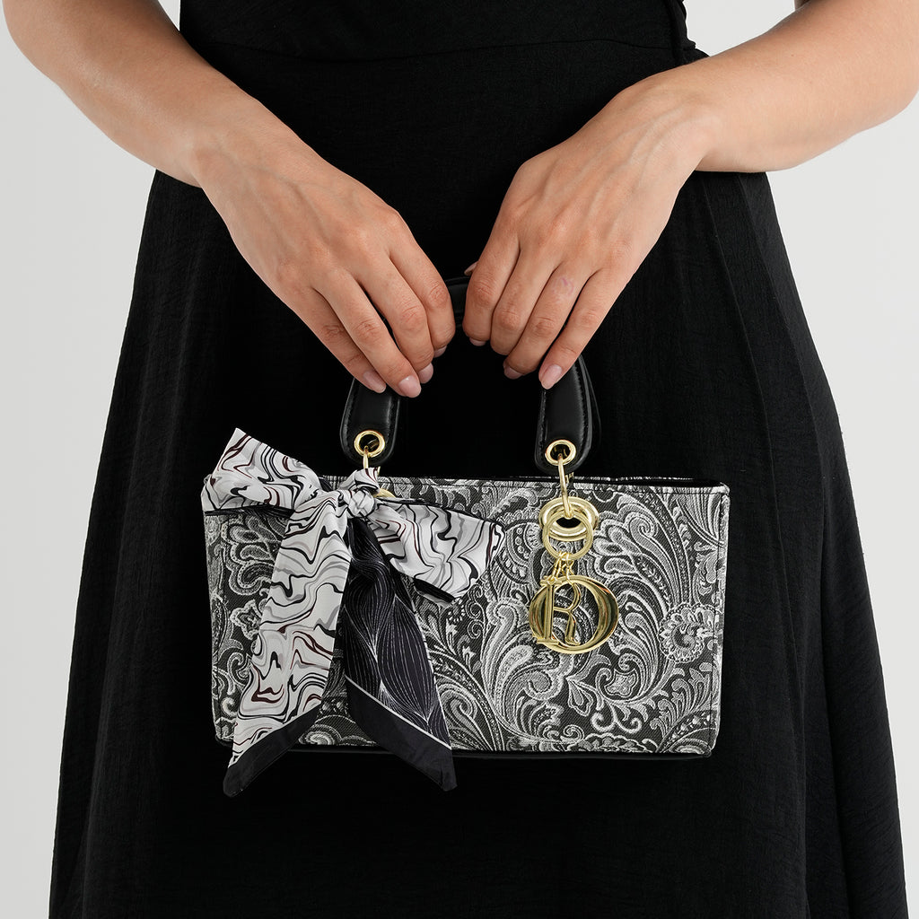 Designer Inspired- Ladies Paisley Pattern Handle Tote Bag with Scarf Accent - Black & White_8535764_3