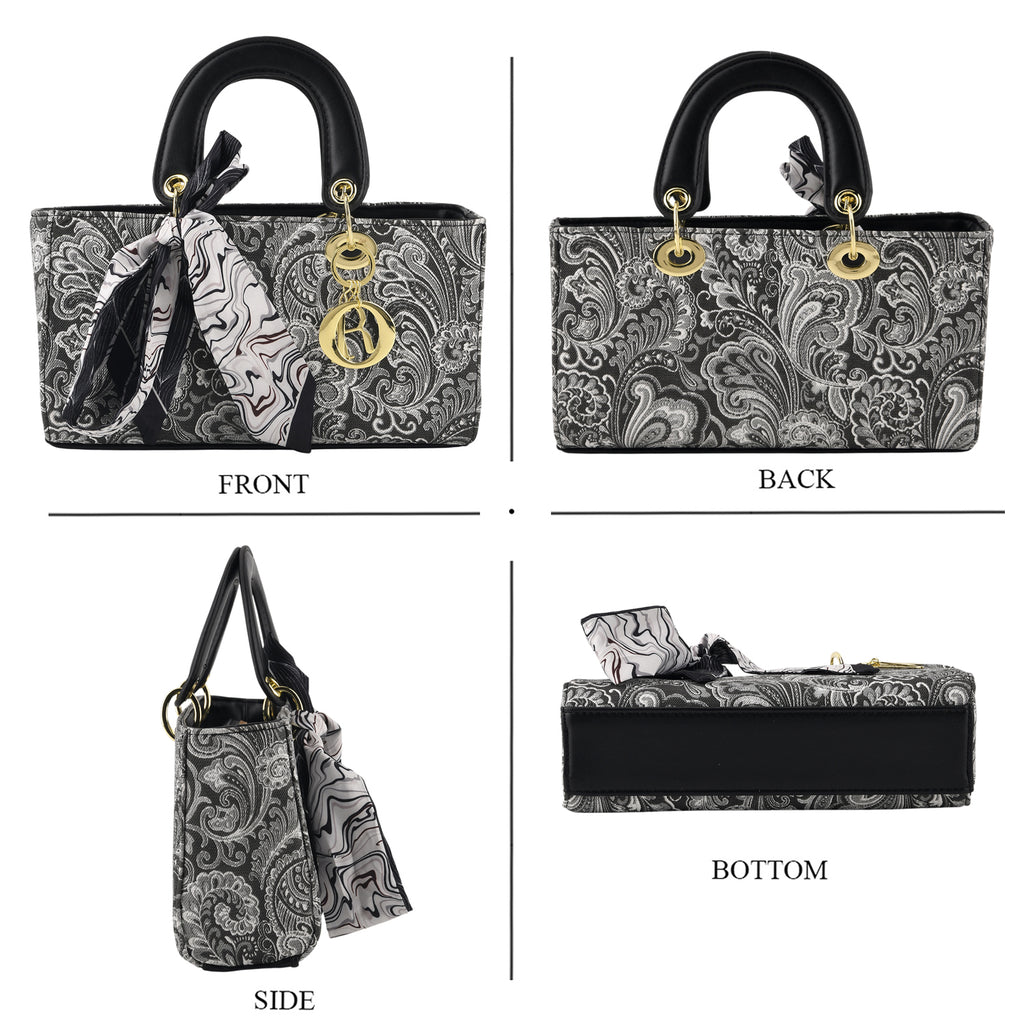 Designer Inspired- Ladies Paisley Pattern Handle Tote Bag with Scarf Accent - Black & White_8535764_4