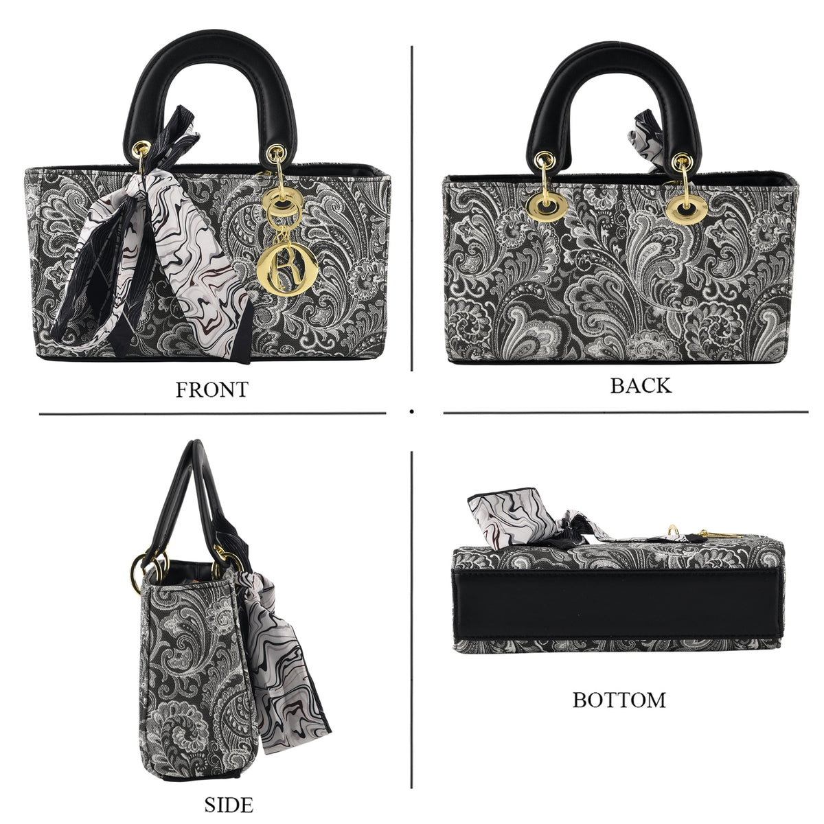 Designer Inspired- Ladies Paisley Pattern Handle Tote Bag with Scarf Accent - Black &amp; White 8535764 4
