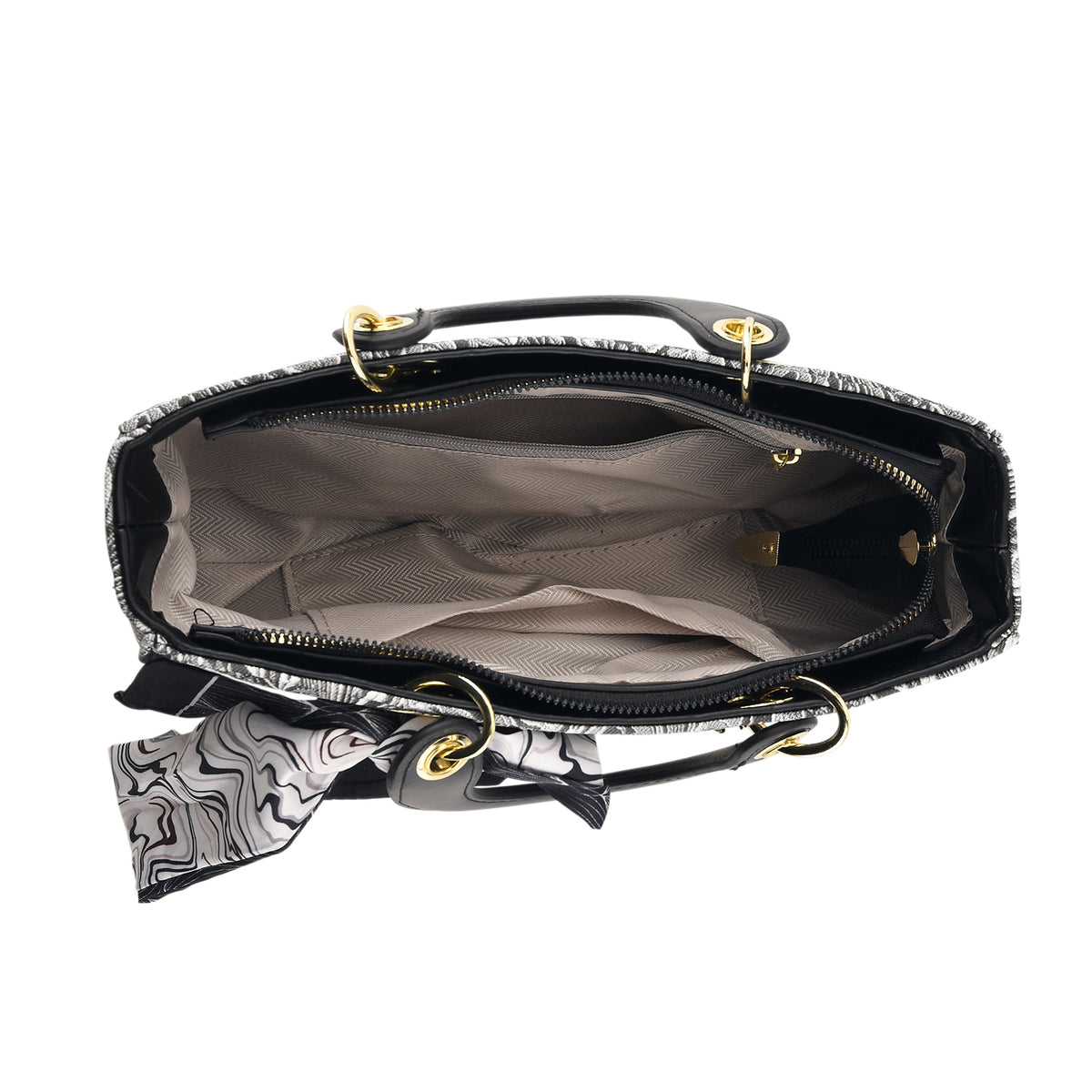 Designer Inspired- Ladies Paisley Pattern Handle Tote Bag with Scarf Accent - Black &amp; White 8535764 5