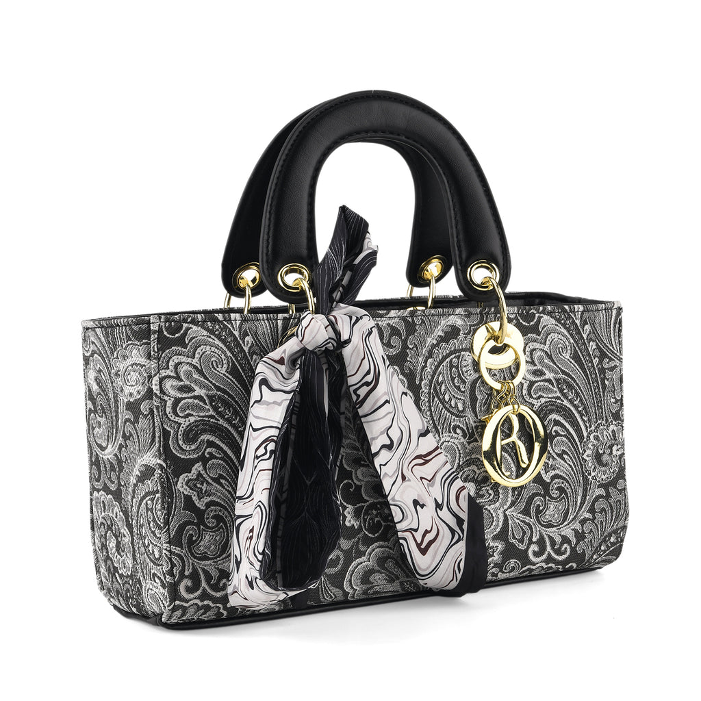 Designer Inspired- Ladies Paisley Pattern Handle Tote Bag with Scarf Accent - Black & White_8535764_7