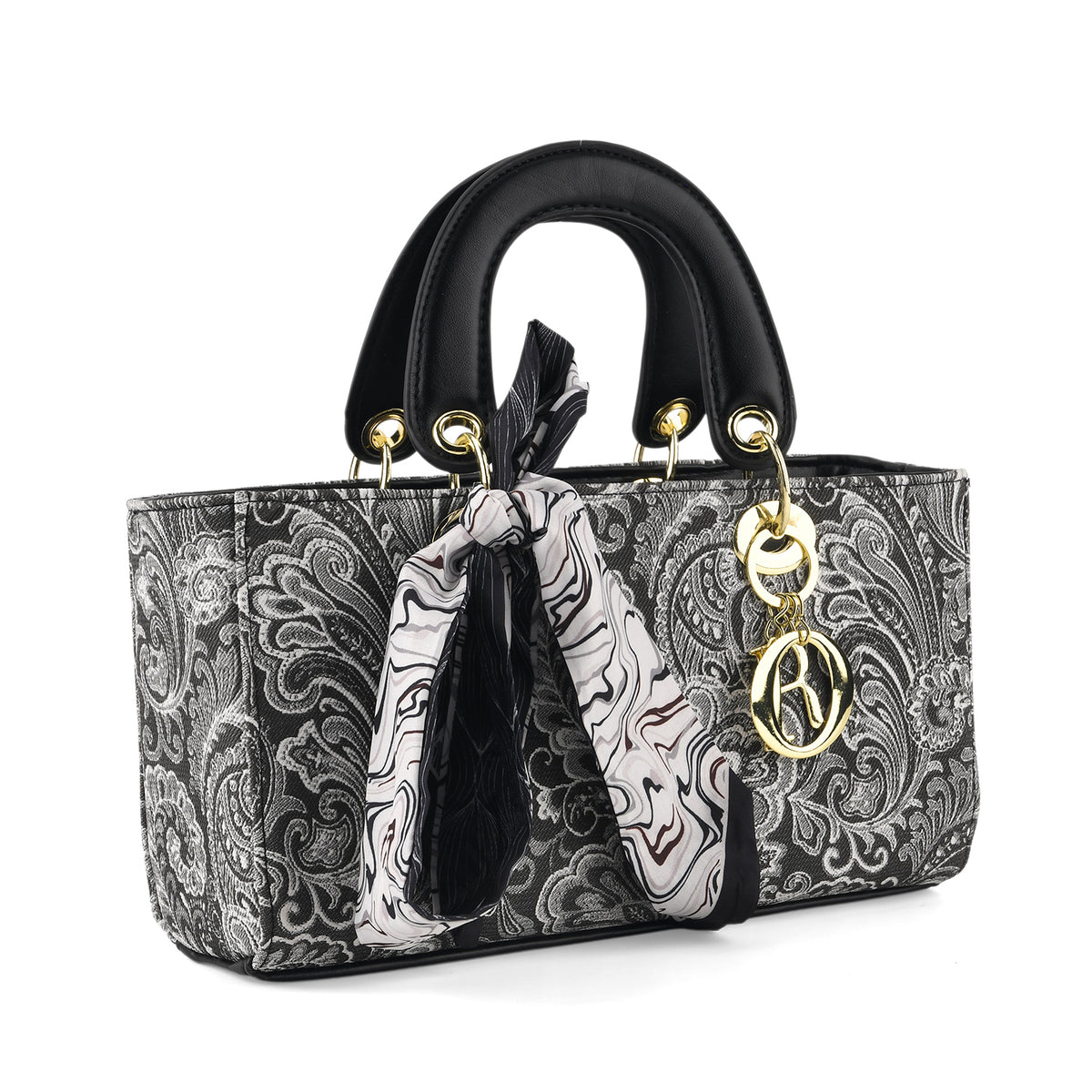 Designer Inspired- Ladies Paisley Pattern Handle Tote Bag with Scarf Accent - Black &amp; White 8535764 7