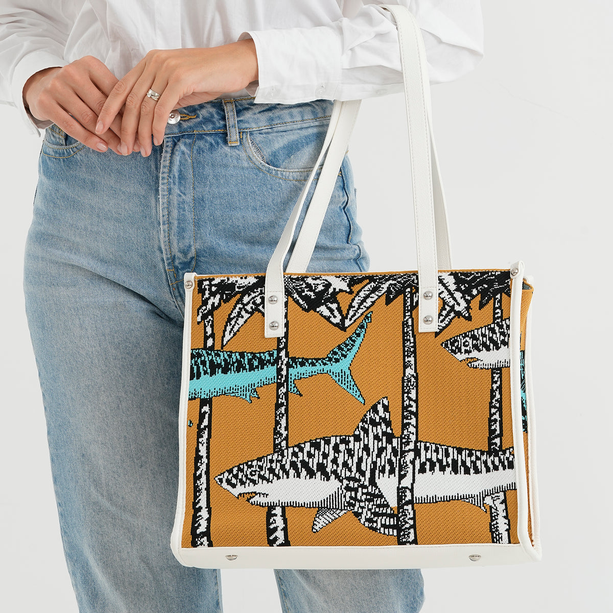 Designer-Inspired Ladies Shark Print Lightweight Tote Shoulder Bag - Dark Yellow 8535833 3