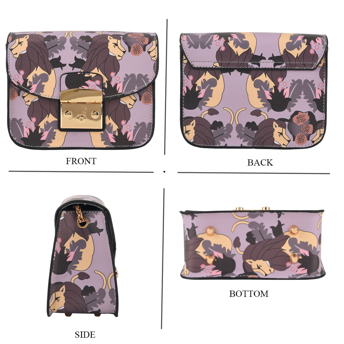 Designer Inspired Lion Print Shoulder Bag with Chain Strap - Lilac Luster V32604209 4