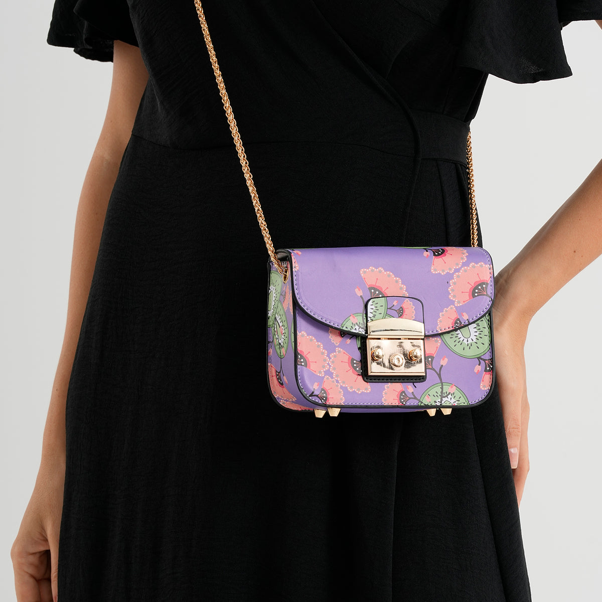 Designer Inspired Kiwi &amp; Flower Print Shoulder Bag with Chain Strap - Purple &amp; Pink V32644618 3