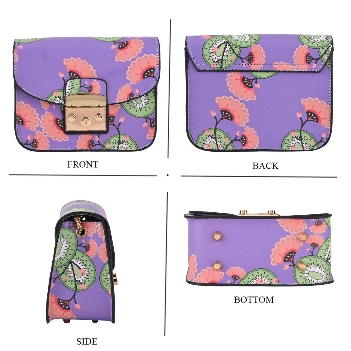 Designer Inspired Kiwi &amp; Flower Print Shoulder Bag with Chain Strap - Purple &amp; Pink V32644618 4