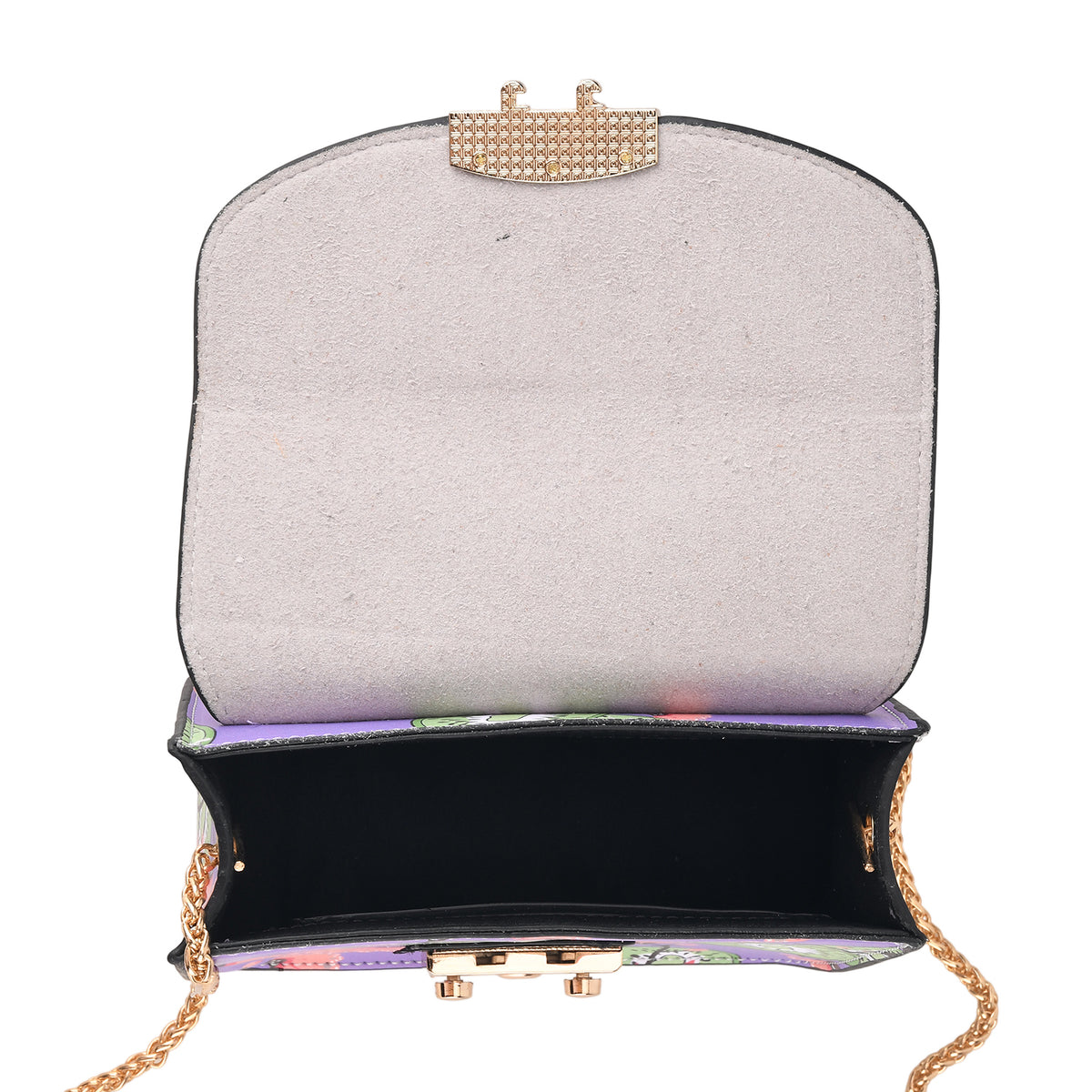 Designer Inspired Kiwi &amp; Flower Print Shoulder Bag with Chain Strap - Purple &amp; Pink V32644618 5