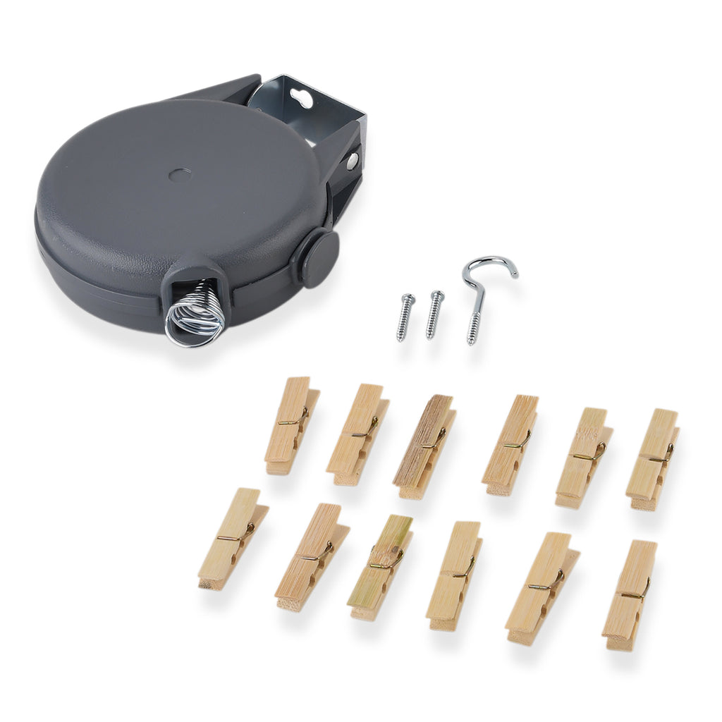 15m Retractable Clothesline Wall-Mounted Washing Line Kit with 12 Wooden Pegs & Fixings - Grey_8535920