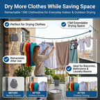 15m Retractable Clothesline Wall-Mounted Washing Line Kit with 12 Wooden Pegs & Fixings - Grey_8535920_1