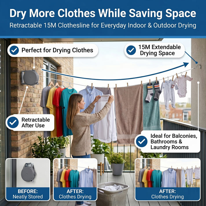 15m Retractable Clothesline Wall-Mounted Washing Line Kit with 12 Wooden Pegs &amp; Fixings - Grey 8535920 2