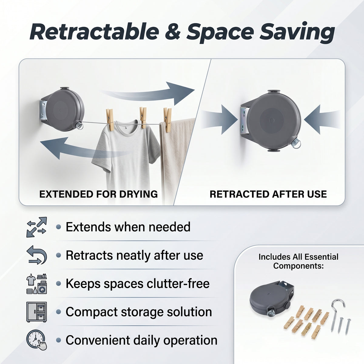 15m Retractable Clothesline Wall-Mounted Washing Line Kit with 12 Wooden Pegs &amp; Fixings - Grey 8535920 4