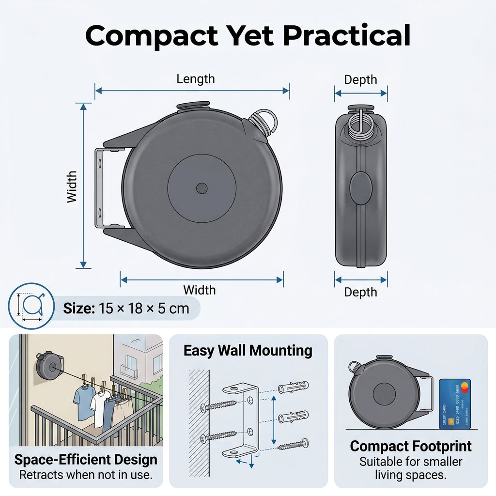 15m Retractable Clothesline Wall-Mounted Washing Line Kit with 12 Wooden Pegs & Fixings - Grey_8535920_4