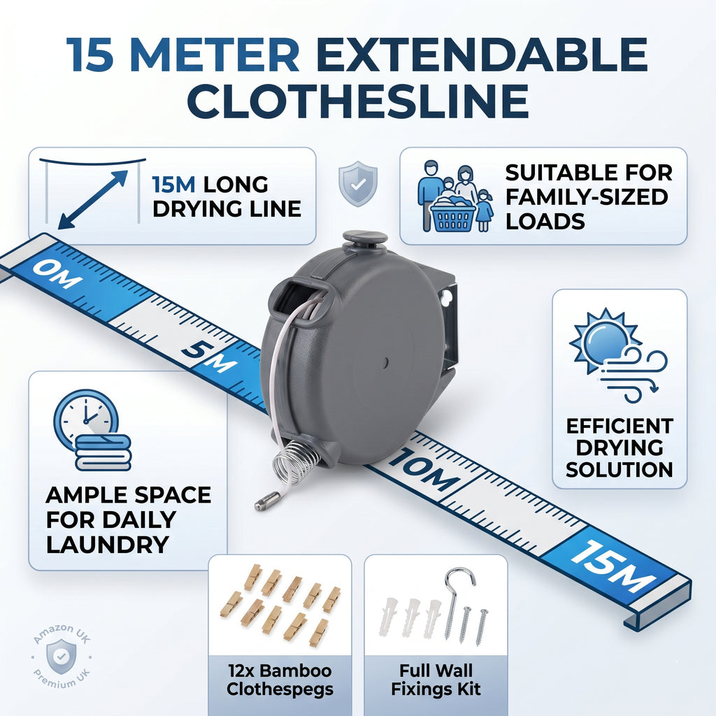 15m Retractable Clothesline Wall-Mounted Washing Line Kit with 12 Wooden Pegs & Fixings - Grey_8535920_5