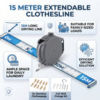 15m Retractable Clothesline Wall-Mounted Washing Line Kit with 12 Wooden Pegs & Fixings - Grey_8535920_5