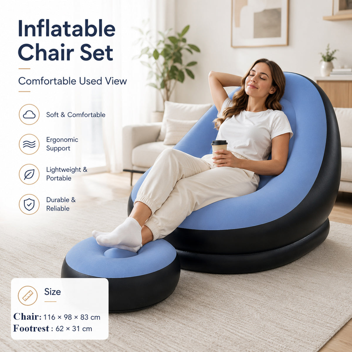 Inflatable Lounge Chair and Footstool Ottoman Set (120kg Capacity) - Light Blue &amp; Black 8535955 3