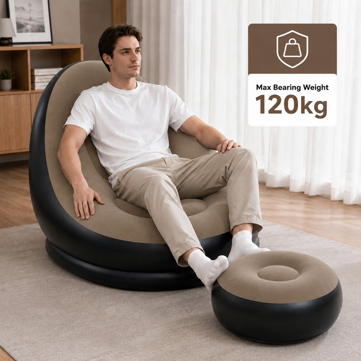 Inflatable Lounge Chair and Footstool Ottoman Set (120kg Capacity) - Beige &amp; Black V32645197 4