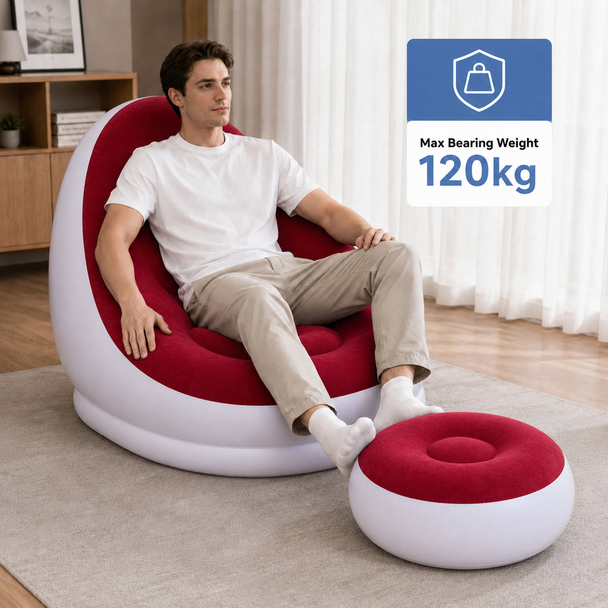 Inflatable Lounge Chair and Footstool Ottoman Set (120kg Capacity) - Wine Red &amp; White V32644960 4
