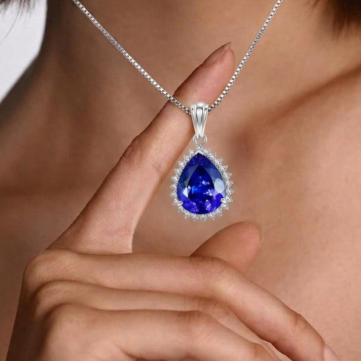 RHAPSODY 11 Ct. AAAA Tanzanite, White Diamond Halo Drop Pendant in 950 Platinum (EF, VS2) 8536071 2