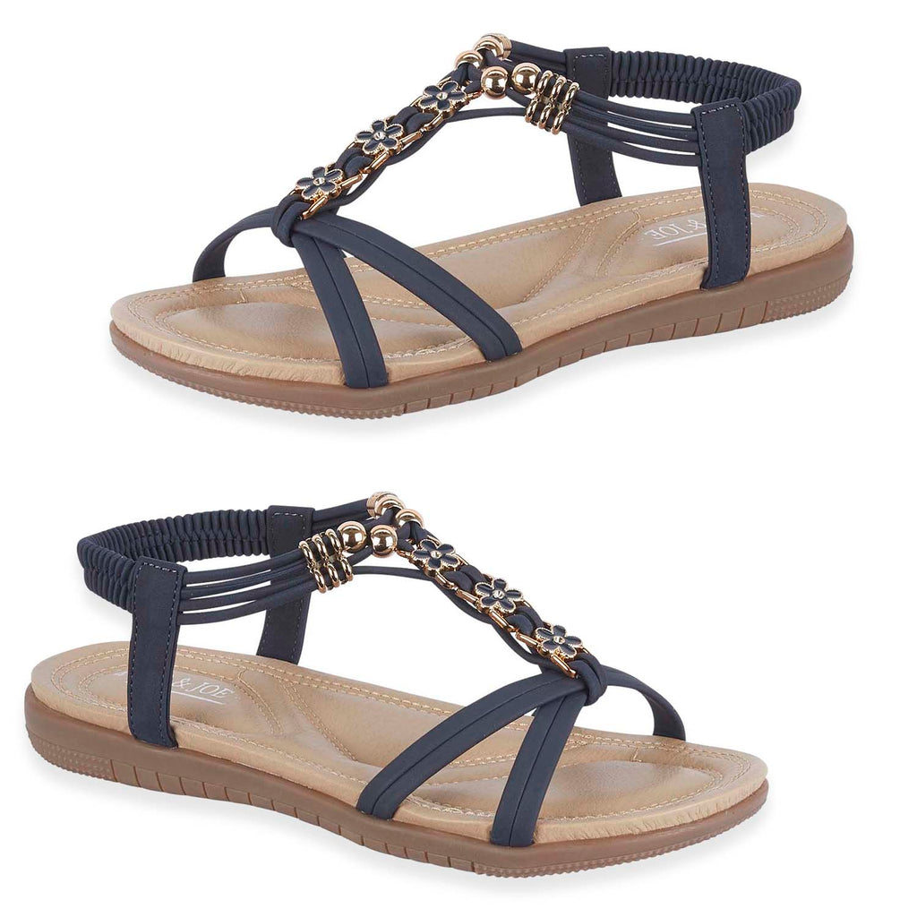 Jo & Joe Petula Ladies Lightweight Cushioned Sandal with Beaded Trims & Elasicated Back Strap (Size 6) - Navy_8536638