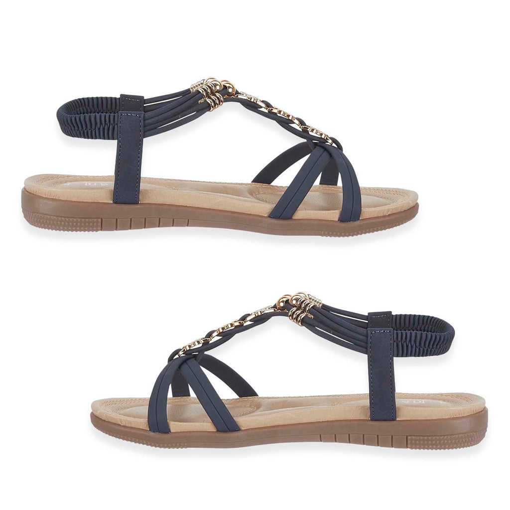 Jo & Joe Petula Ladies Lightweight Cushioned Sandal with Beaded Trims & Elasicated Back Strap (Size 6) - Navy_8536638_1