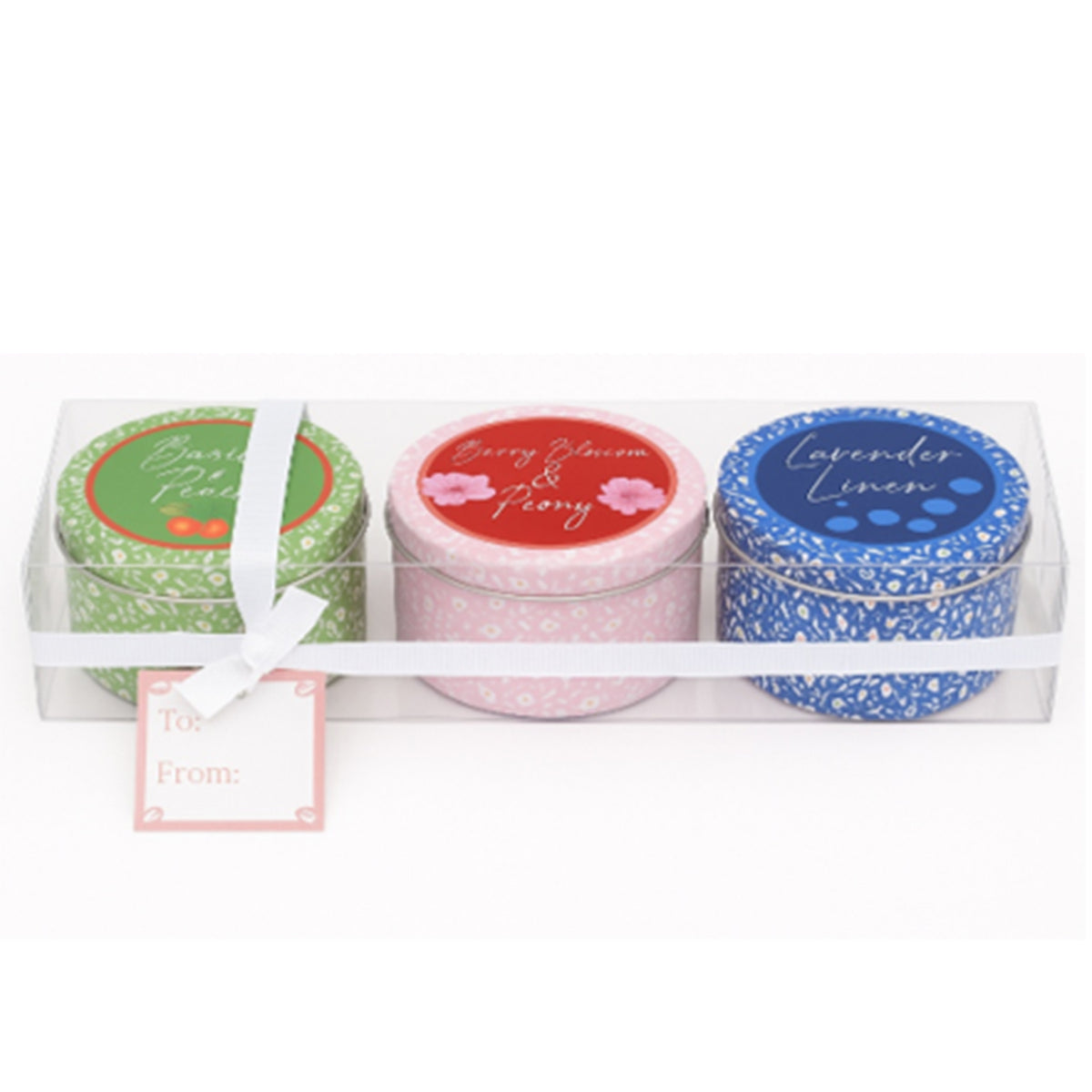 Set of 3 Tin Candles - Basil &amp; Peach, Berry Blossom and Peony Lavender 8537538 0